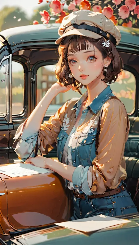 (((paper cutting style))), 1 girl, short brown long hair, cap, shirts and denim, portfolio, leaning against a classic vintage car