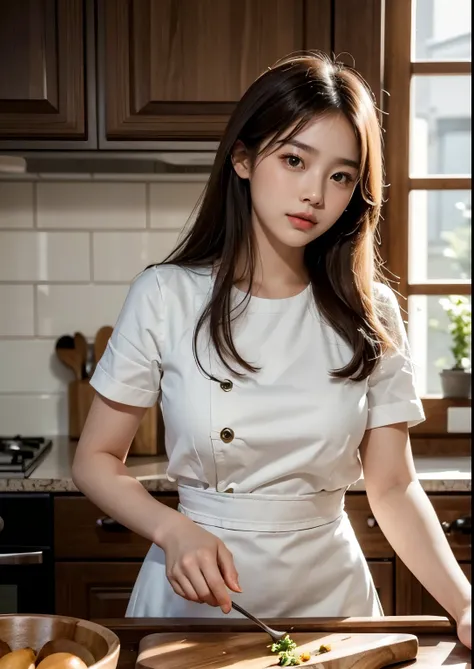 A beautiful, cute and sweet 18-year-old Korean girl in a luxury kitchen, wearing an above-knee length dress, busy cooking, (best quality,4k,8k,highres,masterpiece:1.2),ultra-detailed,(realistic,photorealistic,photo-realistic:1.37),extremely detailed eyes a...