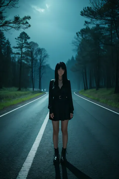 photograph　Night Road　Black-haired woman　whole body　Creepy　Looking at this