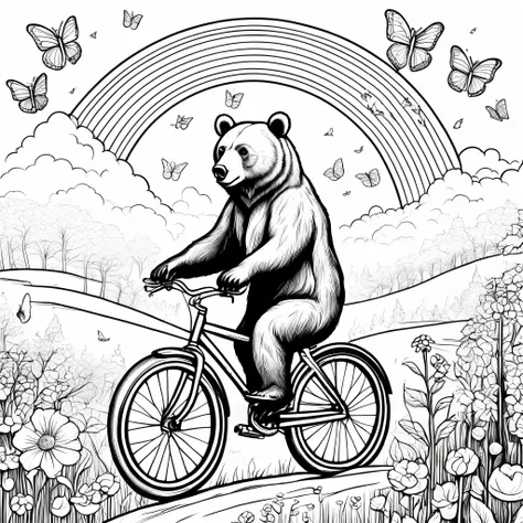 bear coloring pages, a whimsical bear riding a bicycle through a meadow with butterflies and birds, in a fantastical landscape w...