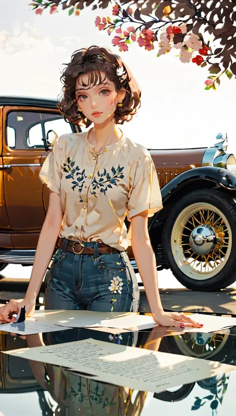 (((paper cutting style))), 1 girl, short brown long hair, shirts and denim, portfolio, leaning against a classic vintage car