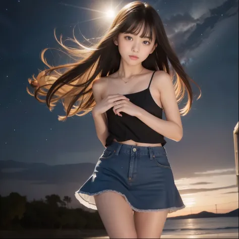 Beautiful images、universe、Fantasy、Shooting start or swarm、Teenage Girl、black eye、Hair length、Starry Sky、Japanese、high school girl、camisole、Fluttering mini skirt、