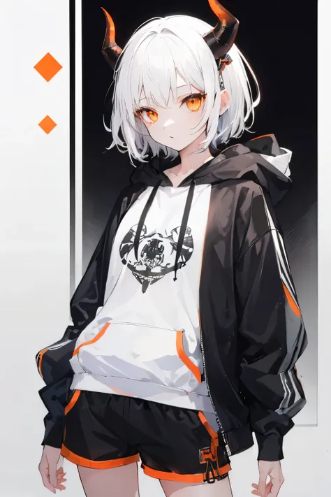 Girl, short white hair, black horns, orange eyes, hoodie and shorts. 