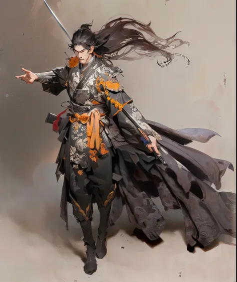 A man in a black dress holding a sword, Very detailed and rich costumes, Chen Jiru, heise jinyao, Full body martial arts, full body xianxia, author：Yang Jie, cai xukun, Inspired by Cao Zhibai, Inspired by Zhang Sengyou, Moon Themed Clothing, Since the Warr...