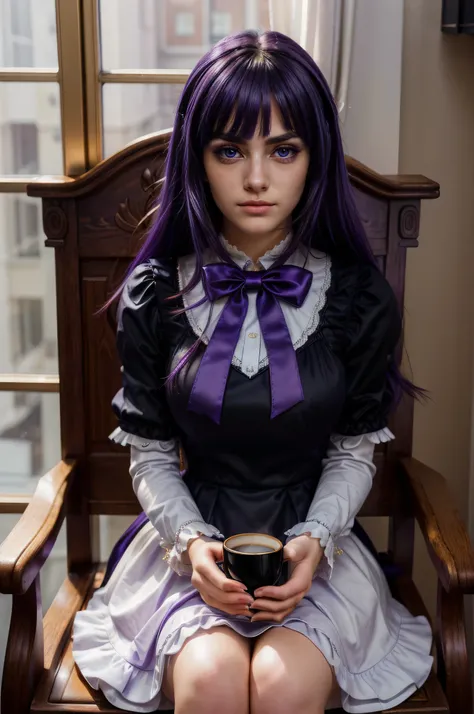 ultra-detailed, Beautiful Nose, Beautiful character design, perfect eyes, perfect face, ultra highres, girl in a chair with a cup of coffee, professional cosplay, HD Raw Photography, professional photoshoot, a cute girl, cosplay of anime girl in a maid cos...