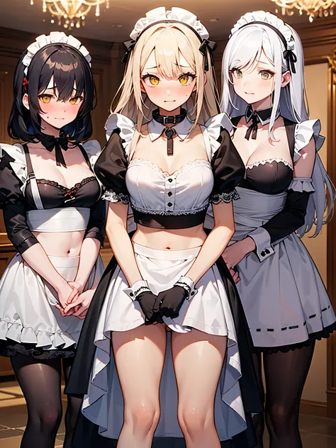 NSFW,(Three Girls:1.5),Long Hair、Hair between the eyes、とてもLong Hair、White Hair、Messy Hair、（Yellow Eyes：1.3）,(Maid clothes:1.5),Off the shoulder,cropped,Micro Mini Skirt,belly button,(Iron Collar:1.5),(Perfect hands),(Perfect Anatomy),(masterpiece),(highest...