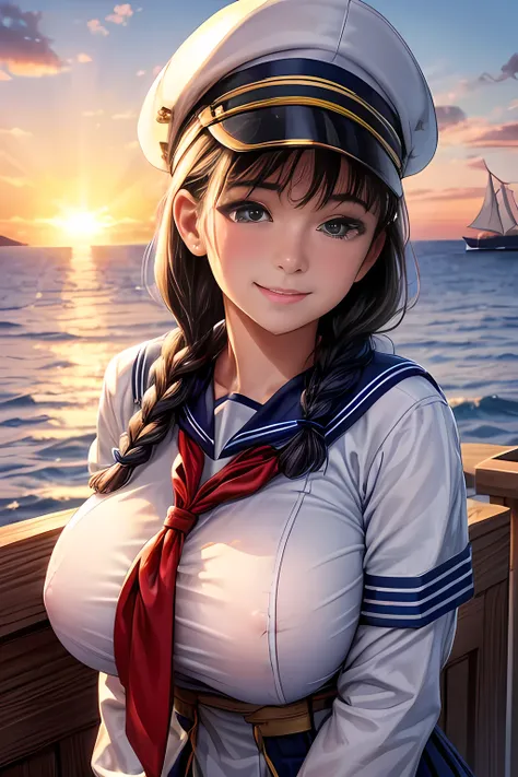 (High quality, High resolution, Fine details), Realistic, (navy), Sail ships, prow, Sunset, Sparkling water, white clouds, Solo, Slim woman, navy sailor hat, navy blue sailor uniform, Braided hair, Sparkling eyes, (Detailed eyes), Smile, Sweat, Oily skin, ...