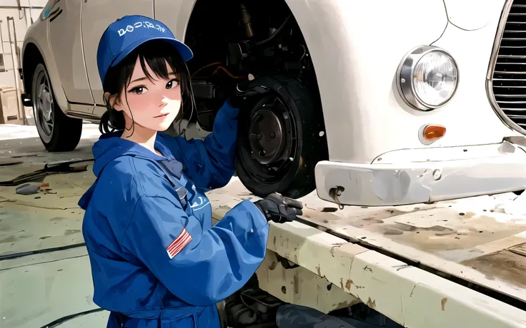 女性の自動車整備士がRepair the carています、20-year-old、solid muscles、White dirty t-shirt with folded sleeves、Overalls、Covered in grease stains、Tattered clothes、Cute Face、Step inside the hood、Repair the car、Covered in sweat、Open the hood and engine、A look under the hood、...