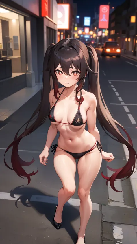 artwork, best quality, HuTaoV4, 1 girl, alone, blushing, twintails, long hair, hair between eyes, standing, full body photo, medium breasts, (muscular legs), black nails, ((wearing a bikini very short and sexy)), CITY, outdoor, night, Movie Poster, 8K extr...