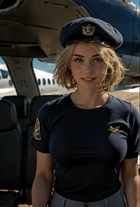 A 21-year-old girl named Kate, with short blonde hair, beautiful medium-sized breasts, 1.60m tall, with a British white style, and light blue eyes. Kate is beautiful, with an angelic face, and has freckles on her nose area. She is wearing a dark navy blue ...