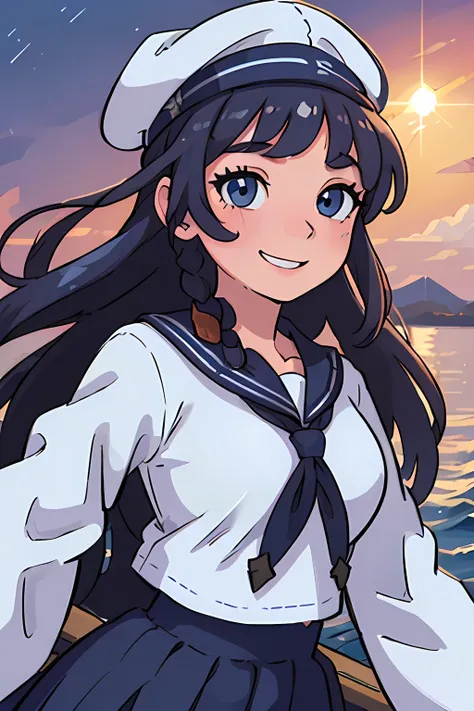 (High quality, High resolution, Fine details), Realistic, (navy), Sail ships, prow, Sunset, Sparkling water, white clouds, Solo, Slim woman, navy sailor hat, navy blue sailor uniform, Braided hair, Sparkling eyes, (Detailed eyes), Smile, Sweat, Oily skin, ...