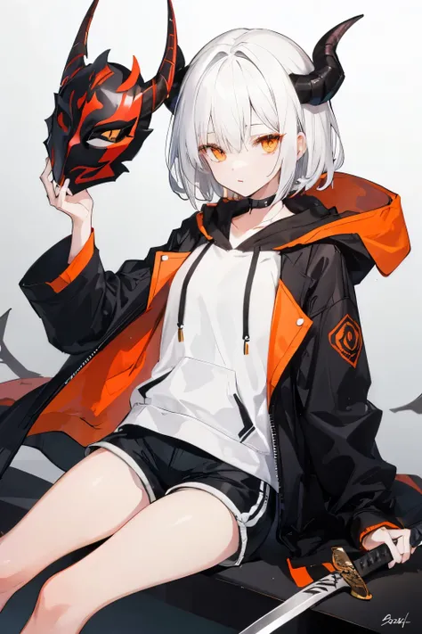 Girl, short white hair, black horns, orange eyes and a ((scar)) above the left eye, hoodie and shorts, holds a sword and ((mask))