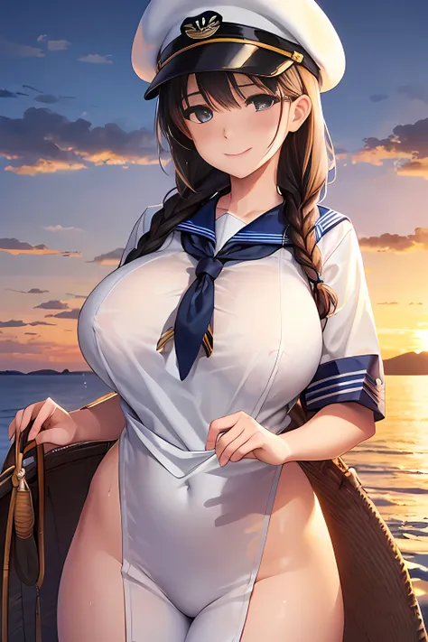 (High quality, High resolution, Fine details), Realistic, (navy), Sail ships, prow, Sunset, Sparkling water, white clouds, Solo, Slim woman, navy sailor hat, navy blue sailor uniform, Braided hair, Sparkling eyes, (Detailed eyes), Smile, Sweat, Oily skin, ...