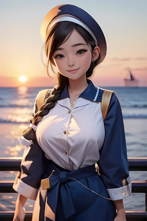 (High quality, High resolution, Fine details), Realistic, (navy), Sail ships, prow, Sunset, Sparkling water, white clouds, Solo, Slim woman, navy sailor hat, navy blue sailor uniform, Braided hair, Sparkling eyes, (Detailed eyes), Smile, Sweat, Oily skin, ...