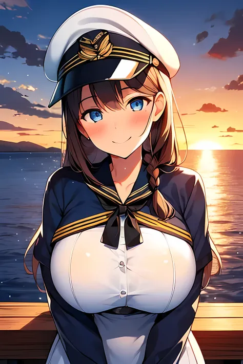 (High quality, High resolution, Fine details), Realistic, (navy), Sail ships, prow, Sunset, Sparkling water, white clouds, Solo, Slim woman, navy sailor hat, navy blue sailor uniform, Braided hair, Sparkling eyes, (Detailed eyes), Smile, Sweat, Oily skin, ...