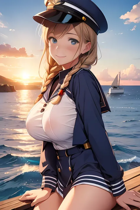 (High quality, High resolution, Fine details), Realistic, (navy), Sail ships, prow, Sunset, Sparkling water, white clouds, Solo, Slim woman, navy sailor hat, navy blue sailor uniform, Braided hair, Sparkling eyes, (Detailed eyes), Smile, Sweat, Oily skin, ...