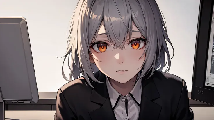 highest quality, 8k, 4K, High resolution, (Beautifully detailed face), High Contrast, office,desk,computer, 1 girl, Gray Hair, Orange eyes, suit,A sense of tragedy,Anguished, Upper Body