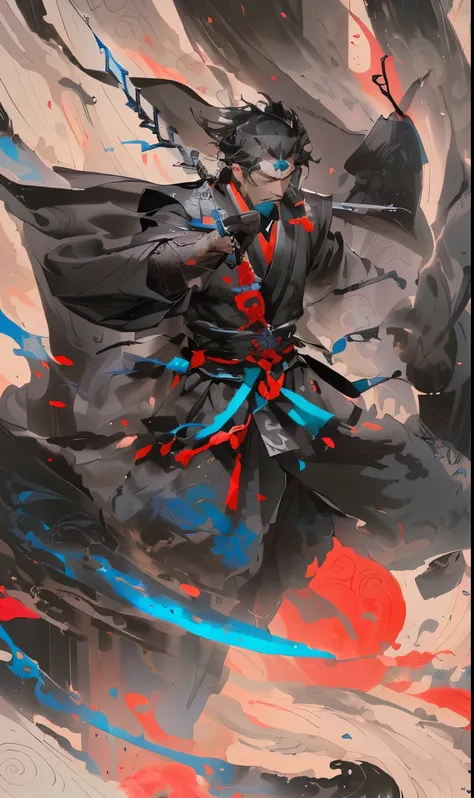 A man in a black dress holding a sword, Very detailed and rich costumes, Chen Jiru, heise jinyao, Full body martial arts, full body xianxia, author：Yang Jie, cai xukun, Inspired by Cao Zhibai, Inspired by Zhang Sengyou, Moon Themed Clothing, Since the Warr...