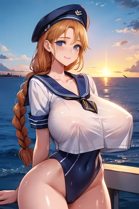 (High quality, High resolution, Fine details), Realistic, (navy), Sail ships, prow, Sunset, Sparkling water, white clouds, Solo, Slim woman, navy sailor hat, navy blue sailor uniform, Braided hair, Sparkling eyes, (Detailed eyes), Smile, Sweat, Oily skin, ...