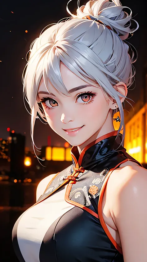 highest quality、Realistic、Women、zoom、cute、Orange Eyes、Silver Hair、Bun Hair、Sleeveless cheongsam、smile、Looking down、smile、Bust Shot、　