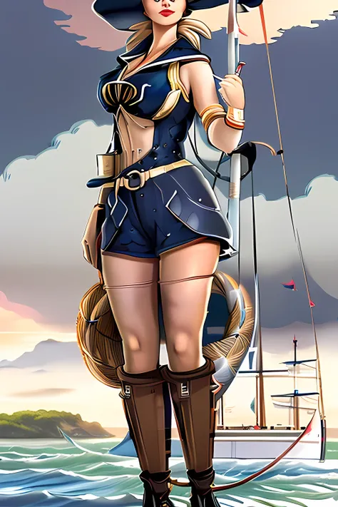 (High quality, High resolution, Fine details), Realistic, (navy), Sail ships, prow, Sunset, Sparkling water, white clouds, Solo, Slim woman, navy sailor hat, navy blue sailor uniform, Braided hair, Sparkling eyes, (Detailed eyes), Smile, Sweat, Oily skin, ...