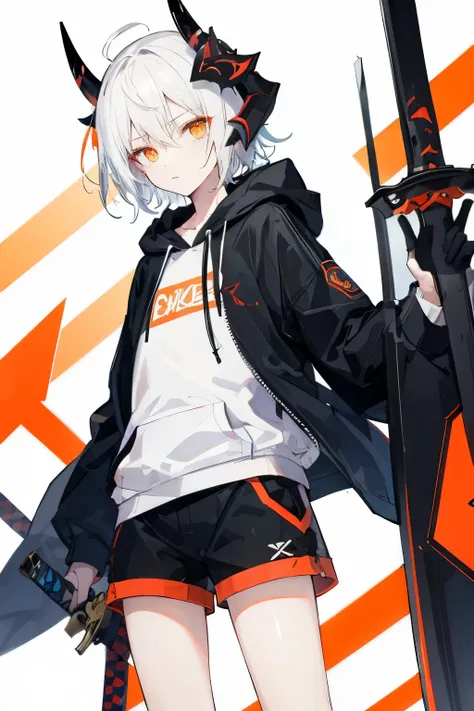 Short white hair, black horns, orange eyes, hoodie and shorts, holds sword and holds a ((mask))