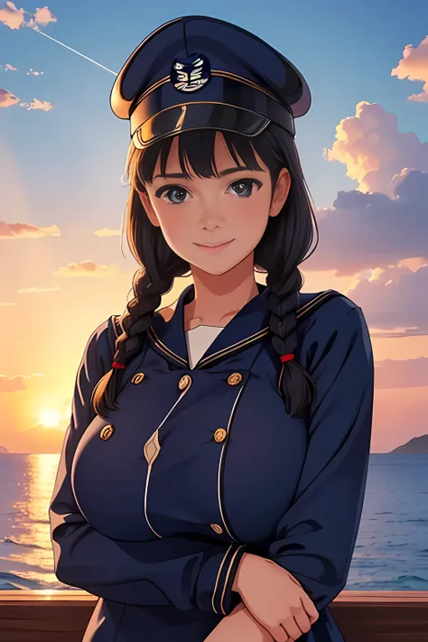 (High quality, High resolution, Fine details), Realistic, (navy), Sail ships, prow, Sunset, Sparkling water, white clouds, Solo, Slim woman, navy sailor hat, navy blue sailor uniform, Braided hair, Sparkling eyes, (Detailed eyes), Smile, Sweat, Oily skin, ...