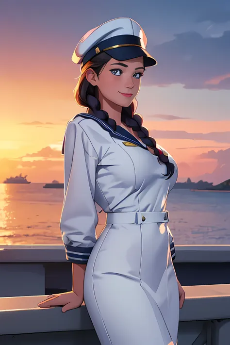 (High quality, High resolution, Fine details), Realistic, (navy), Sail ships, prow, Sunset, Sparkling water, white clouds, Solo, Slim woman, navy sailor hat, navy blue sailor uniform, Braided hair, Sparkling eyes, (Detailed eyes), Smile, Sweat, Oily skin, ...