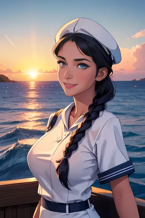 (High quality, High resolution, Fine details), Realistic, (navy), Sail ships, prow, Sunset, Sparkling water, white clouds, Solo, Slim woman, navy sailor hat, navy blue sailor uniform, Braided hair, Sparkling eyes, (Detailed eyes), Smile, Sweat, Oily skin, ...