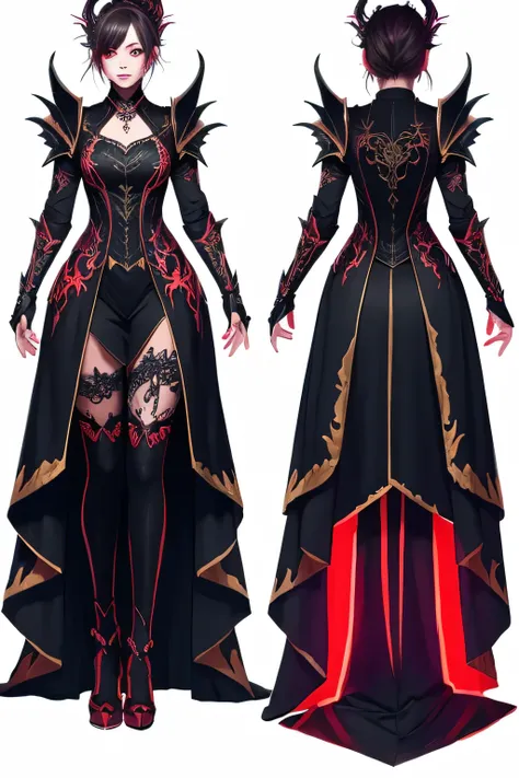 Illuminated clothing、dress、Neon Light、Gothic　three view drawing, front and back and side, character sheet,full body, Dragon,armor,Fantasy,Fancy decoration,woman,black hiar,red eyes