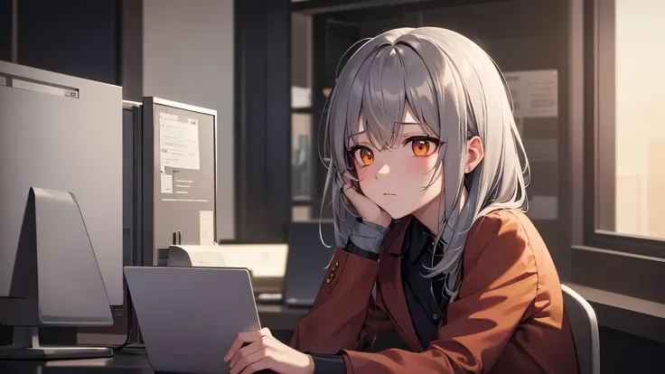 highest quality, 8k, 4K, High resolution, (Beautifully detailed face), High Contrast, office,desk,computer, 1 girl, Gray Hair, Orange eyes, suit,A sense of tragedy,Anguished, Upper Body