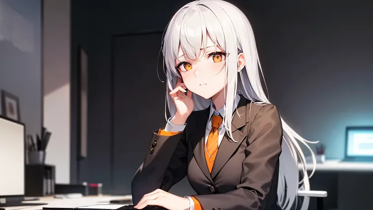 highest quality, 8k, 4K, High resolution, (Beautifully detailed face), High Contrast, office,desk,computer, 1 girl, Gray Hair, Orange eyes, suit,A sense of tragedy,Anguished, Upper Body