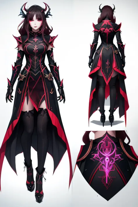 Illuminated clothing、dress、Neon Light、Gothic　three view drawing, front and back and side, character sheet,full body, Dragon,armor,Fantasy,Fancy decoration,woman,black hiar,red eyes