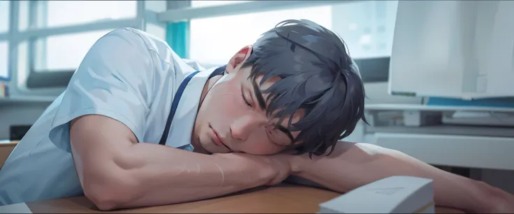cute young male of 17 years old with gray hair is asleep at his desk