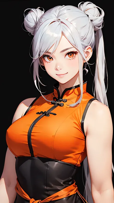 highest quality、Realistic、Women、zoom、cute、Orange Eyes、Silver Hair、Bun Hair、Sleeveless cheongsam、smile、Looking down、smile、Bust Shot、　Arms crossed