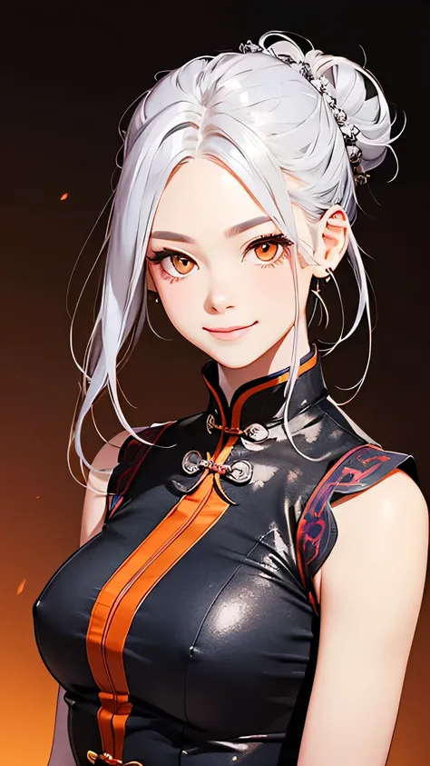 highest quality、Realistic、Women、zoom、cute、Orange Eyes、Silver Hair、Bun Hair、Sleeveless cheongsam、smile、Looking down、smile、Bust Shot、　Arms crossed