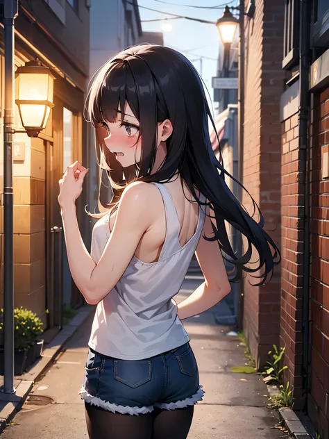 NSFW,Very long hair、Messy Hair、Flat Chest,Tank top,cropped,Shorts,pantyhose,(Perfect hands),(Perfect Anatomy),(masterpiece),(highest quality),(Embarrassed:1.5),blush,Shy laugh,Downtown at night,Back Alley,Street lamp