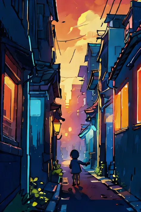 Street at dusk，Stick figure style for children，Flat style，Simple colors，No text，No ambient light，Sunset