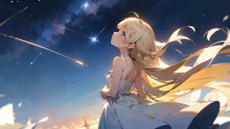 Anime Images、Looking up at the night sky、Hair Color Beige、Eye colorBlue、White dress、Cami dress、Bangs、long hair、whole body、24-years-old、Empty-handed、Hands Behind Back、Back view、Look up more、shooting star、Looking up sky、sing、Blueeyes、Mature