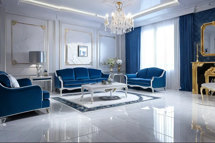 sofa、Chair、White room with chandelier、Digital Rendering、3D Rendering、Inspired by Hendrik Van Balen、Glossy marble floor、Brightly lit white room、Blue Room、Wet reflective tile floor、There is a marble floor、god々Bright light pours into the room.。