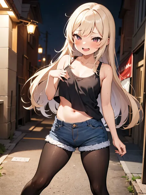 NSFW,(One girl:1.5),Blonde,Very long hair、Messy Hair、Flat Chest,Tank top,cropped,High leg shorts,pantyhose,(Perfect hands),(Perfect Anatomy),(masterpiece),(highest quality),(Embarrassed:1.5),blush,Shy laugh,Downtown at night,Back Alley,Street lamp