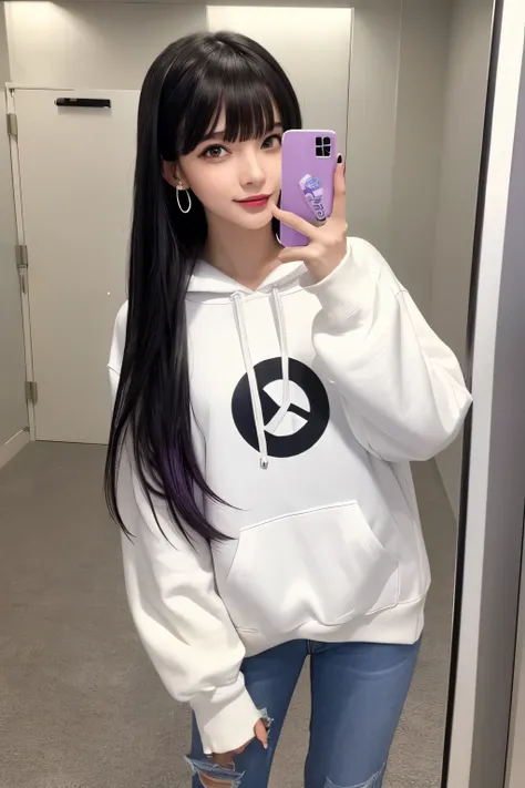 Anime A baggy white hoodie with the tag still attached New short jeans White sneakers A pretty face Long black hair Bangs pulled up Silver earrings Purple eyes A full-body pose on the left half of the screen A face with tongue out and a winking look and a ...