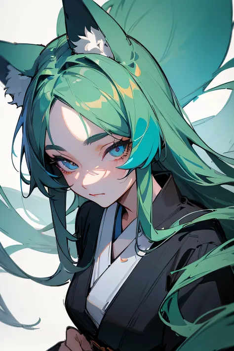 ((masterpiece)), ((best Quality)), ((detailed)), perfect face, long hair down to her feet blue green, half fox, has 3 tails, wears an ancient black and white kimono, wise, girl, close up, ((detailed skin)), ((detailed eyes)), ((natural skin))