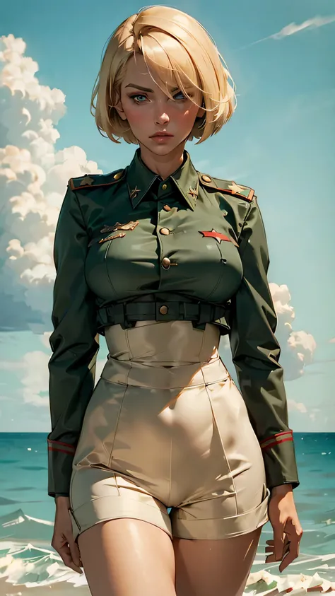 (masterpiece, Best quality, ultra detailed:1.3), 1 Girl, Sunny, On open air, ocean, clouds, I look at the viewer, (windy:1.2), (complex part, sexual, chill), military uniform, green short shorts,  (soviet poster:1.1) BREAK short blonde hair, (straightening...