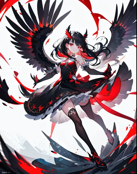 girl,Long Black Hair,masterpiece, highest quality, Super detailed, Downcast eyes,Tabletop, highest quality), (Perfect athletic body:1.2),8K High Resolution, Trend Art Station, White Background, Standing in the Wilderness,whole body、Equipped with Crow Gaunt...