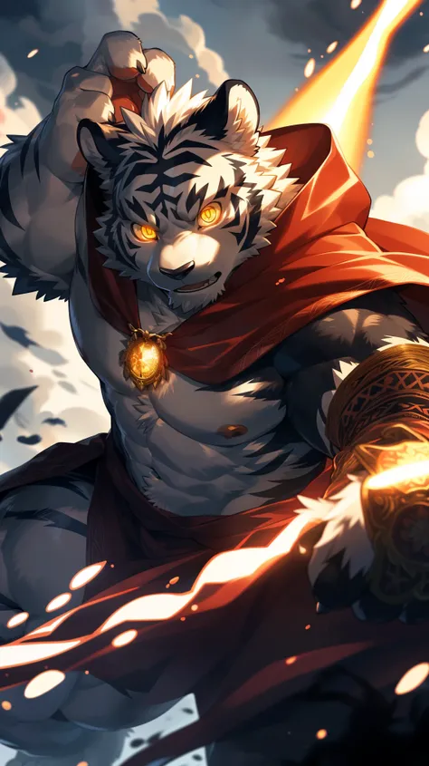 (Dynamic poses:1.6), (ultra deTailed), Clear focus, Niji, Eye contact, (glowing golden pupils:1.4), hairy, (Black fur:1.3), White Stripes, anthropology (Tiger), male, middle aged, White belly, Tail, muscular, (knight clothing, Cherry red long cape), ultra ...