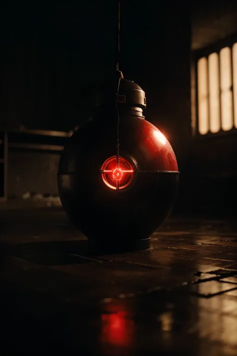 a red button with "Nuclear Bomb" text in the center, highly detailed, photorealistic, 8K, cinematic lighting, dramatic shadows, ominous atmosphere, metallic texture, intricate design, strategic placement, minimalist style, dark tones, moody lighting