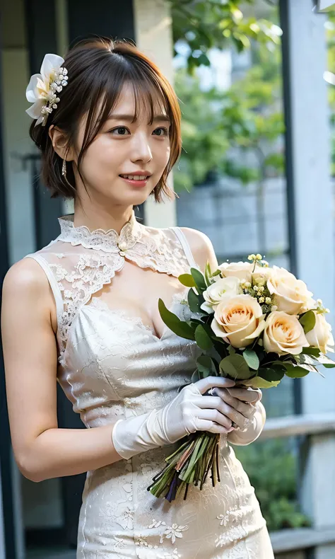 tiara、Please wear white lace gloves、Big smile、Holding a bouquet、A lovely smile、Gorgeous white silk dress with lace、Wonderful gardens、Colorful flowers々Blooming、White silk and shiny dress、Gorgeous and elegant white wedding dress、Braid only the front hair（（we...