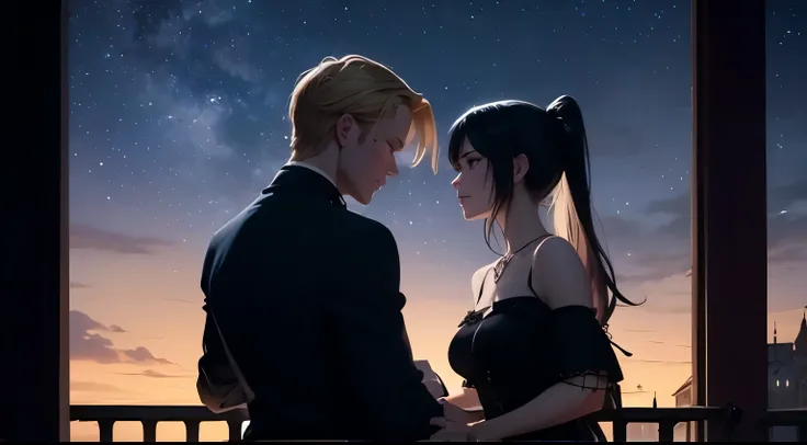 a cold girl with dark blue hair in a ponytail in a closed dress stands on the balcony and looks at the stars, and the blond man ...