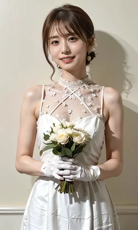 Flower Hair Ornaments、tiara、Please wear white lace gloves、Big smile、Holding a bouquet、A lovely smile、Gorgeous white silk dress with lace、Wonderful gardens、Colorful flowers々Blooming、White silk and shiny dress、Gorgeous and elegant white wedding dress、Braid o...